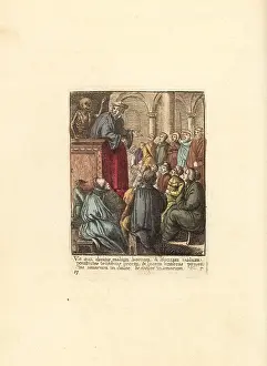 Hollar: Skeleton of Death holding a bone above a Preacher