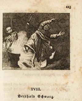 14th Century: The skeleton of Death kills an alchemist with an explosion