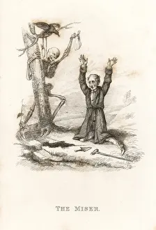 Steel Engraving: The skeleton of Death and the miser
