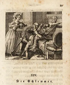 Tureen: The skeleton of Death pours wine into a glutton's mouth