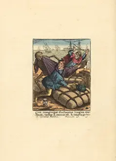 Hollar: Skeleton of Death pulling the hair of a Merchant