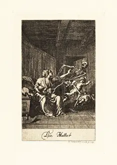 Breastfeeding: The skeleton of Death pulls on the arm of a mother