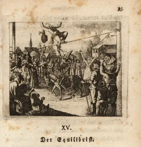 Mortality: The skeleton of Death pulls down a tightrope walker