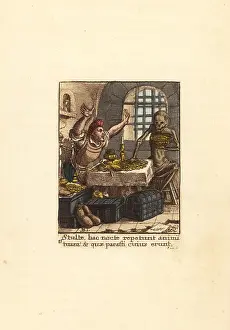 Hollar: Skeleton of Death stealing gold from a Miser