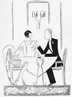 Sipping: Sketch by Fish of couple having dinner and champagne