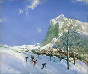 Downhill: Skiing Scene – five figures skiing downhill