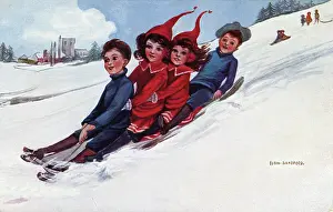 Playtime Nostalgia Illustration: Four on the sledge by Hilda Dix Sandford