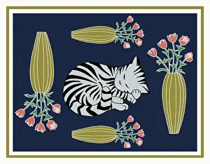 Stripey: Sleeping cat amongst flowers