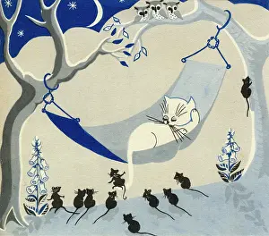 Hammock: Sleeping cat in hammock with mice watching
