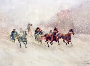 Sleighs: Sleighs pulled by horses running through snow