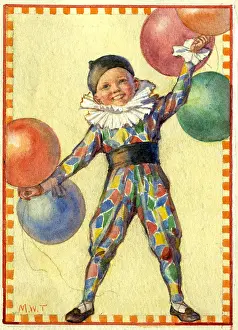 Childen: A small boy dressed up in a clown costume with balloons