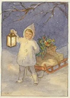 Sledges: A small boy with a lantern and a sled full of presents