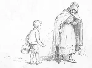 Cloaked: A small boy talks to an old lady in a cloak and hood