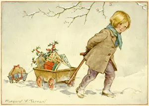 Tugging: A small child pulls along cart loads of presents