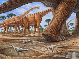 Trampled: Small Compsognathus dinosaurs try to avoid getting