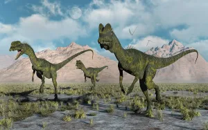 Roaming: A small pack of Dilophosaurus dinosaurs during