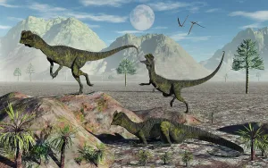 Roaming: A small pack of Dilophosaurus dinosaurs during