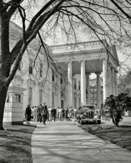 Columned: Small Public Crowd of People Gathered Outside