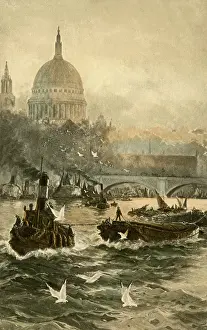Prow: A small tugboat pulling a number of Thames River Barges