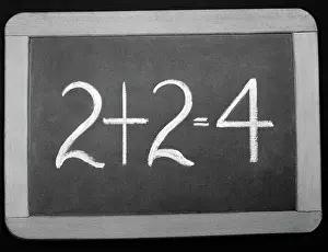 Sums: Small wooden-framed chalkboard reading 2+2=4
