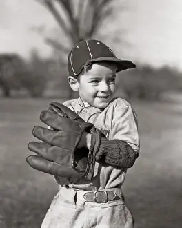 Mitt: Smiling Eager Boy Athlete with Hand Me Down Too