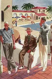 Goodman: Smiling Men relax near Pool