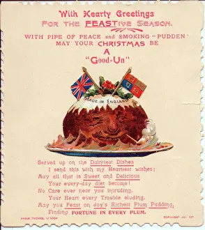 Puns: Smiling pudding with comic verse on a Christmas card