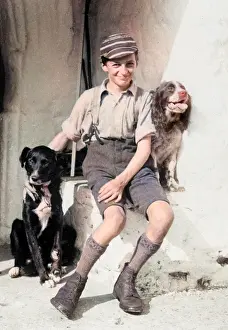 Barnabys: A smiling schoolboy and his two dogs