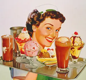 Desserts: Smiling waitress with desserts on a tray