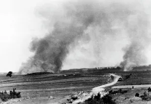 German Soviet: Smoke after a German air raid on the Eastern Front, 1941