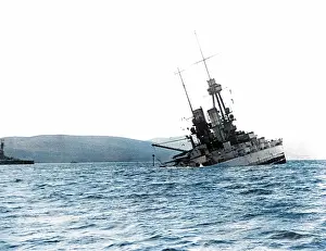 Scuttled: SMS Bayern sinking after being scuttled, Scapa Flow, WW1