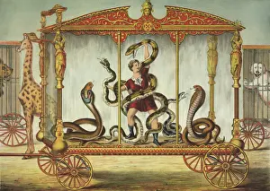 Courage: The Snake Wagon, with a snake performer at a circus