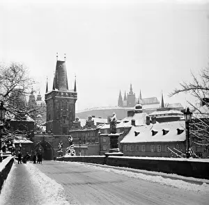 Hradcany: Snow covered Charles Bridge