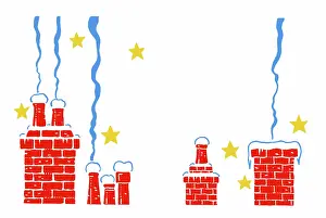 Snow-covered chimneys and stars