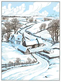 Haystack: Snow-covered landscape with farm