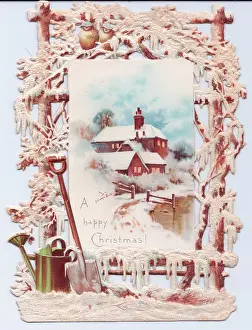 Fretwork: Snow scene with decorative border on a Christmas card