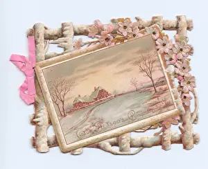 Fretwork: Snow scene with decorative border on a Christmas card