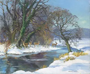 Pettitt: Snow scene with four deer by a river