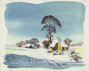 The Medici Society Ltd.: Snow scene with farm buildings and trees