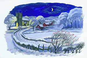 Caley: Snow scene by moonlight with lighted church