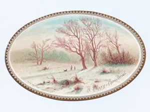 Fretwork: Snow scene on an oval Christmas card