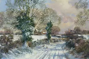 Pheasants: Snow Scene – with pheasants by a gate