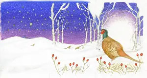 Fold: Snow scene with Pheasants & silver birch trees