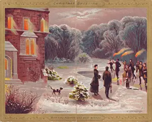 Beacons: Snow scene with skaters on a Christmas card