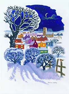 Caley: Snow scene with village in moonlight