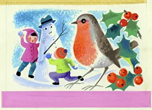Snowballing: Snowman, children, robin and holly