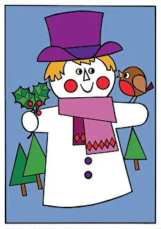 Snowmen: Snowman ? with robin, holly and trees