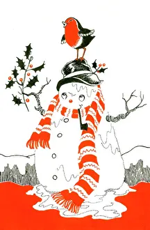 Snowmen: Snowman with robin perched on his hat
