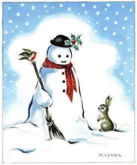 Broomstick: Snowman with robin and rabbit