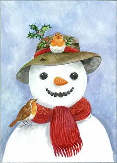 Sprig: Snowman ' with two robins, hat, red scarf